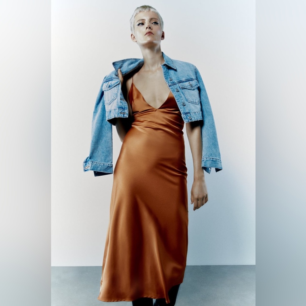 Zara New With Tag Women's V-Neck Thin Straps Long Satin Dress Brown Size Medium